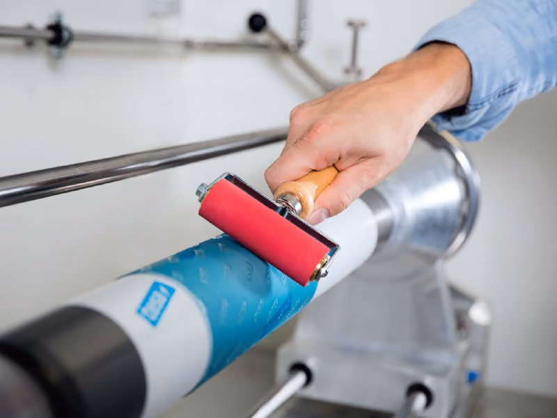 Hand roller pressing a printing plate onto the cylinder
